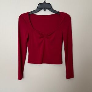 Ruche-Front Long Sleeve Scoop Top in Deep Red